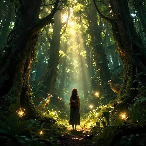 Digital artwork of a lone girl with long hair standing in a mystical, sunlit forest, surrounded by glowing fireflies and tall trees.