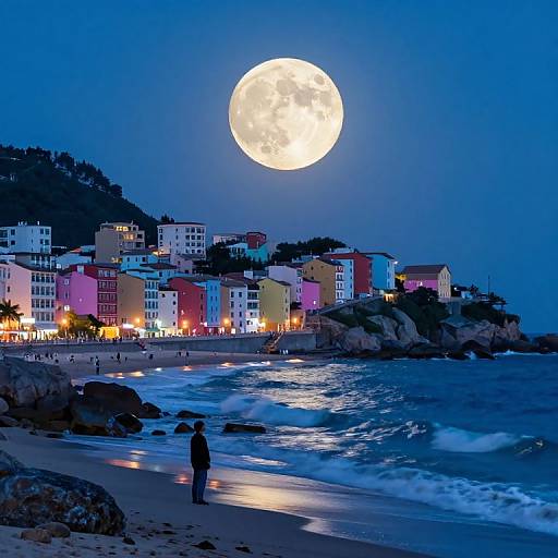 Photograph of a nighttime beach with colorful buildings, a large full moon, and a lone person standing on the shore.