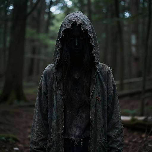 Creepy Ragged Hooded Figure in Woods