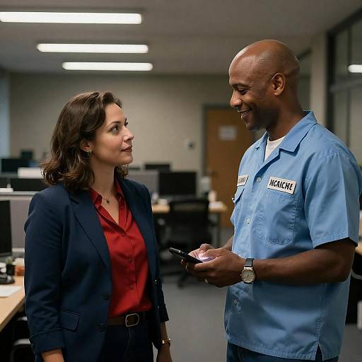 Conversation Between Woman and Man in Prison Uniform in Office