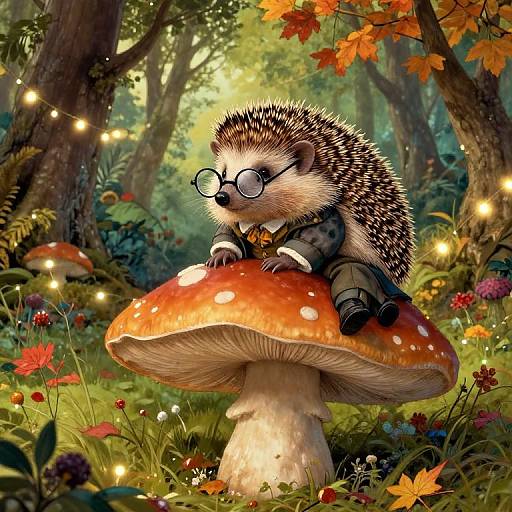 Whimsical digital illustration of a bespectacled, dressed hedgehog sitting on a large, red-spotted mushroom in a magical forest, surrounded