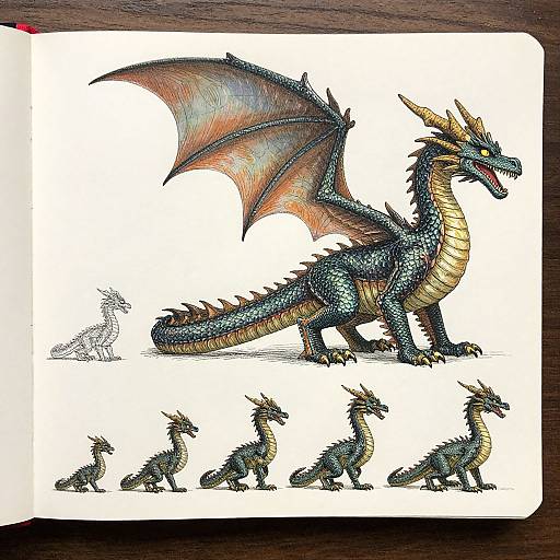 Illustrated drawing of a large, detailed dragon with blue and green scales, orange wings, and yellow underbelly, accompanied by five smaller dragons in