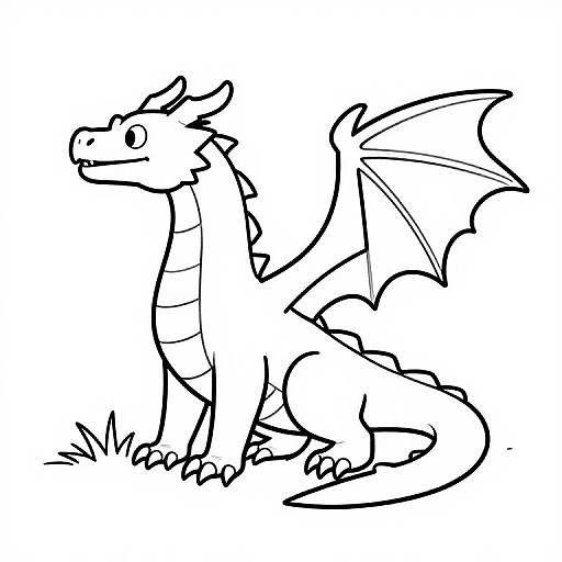 Black-and-white digital line drawing of a simple, cartoon-style dragon sitting on grass, with wings slightly spread and a friendly expression.