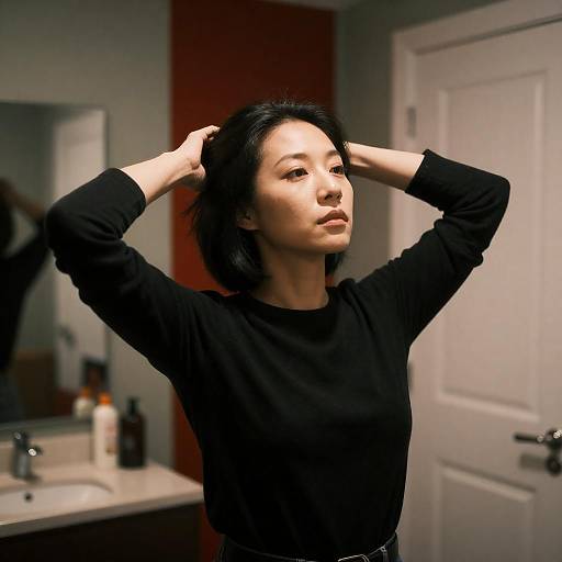 East Asian Woman in Dimly Lit Room