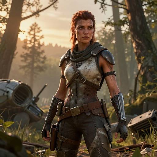 CGI image of a tough, muscular woman with dirty brown hair, wearing armored shoulder pads and gloves, standing in a sunlit forest, surrounded by