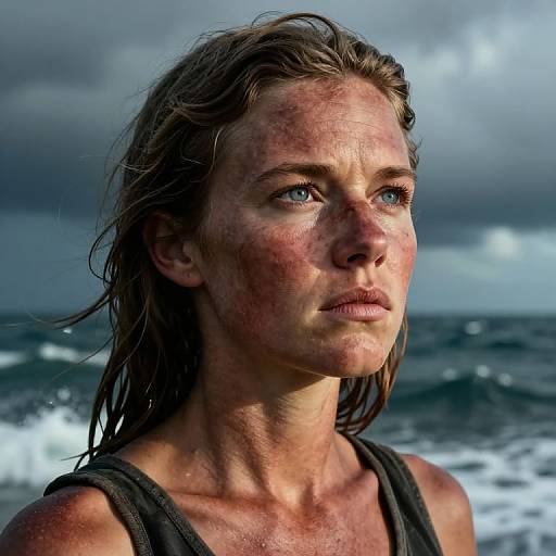 Photograph of a wet, sun-kissed, blue-eyed young woman with tousled brown hair, wearing a black tank top, looking intently