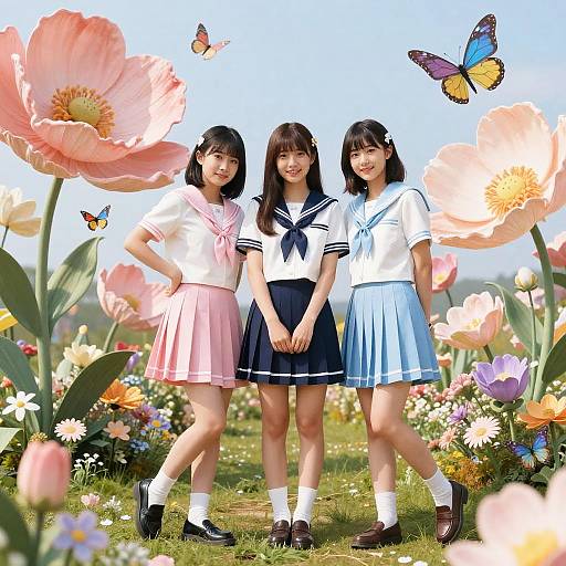 Digital artwork of three Asian schoolgirls in sailor uniforms, standing in a vibrant flower field with large pink flowers and colorful butterflies.