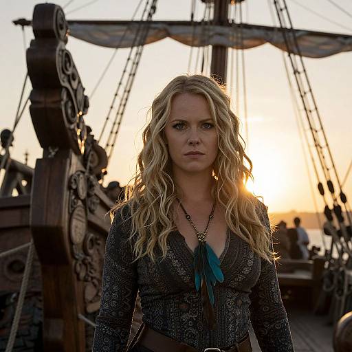 Photograph of a blonde woman with wavy hair, wearing a detailed, textured dark gray dress, standing on a wooden ship at sunset, with rig