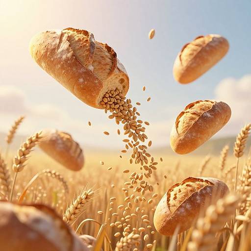 Photograph of golden-brown baguettes mid-air, spilling seeds, over a sunlit wheat field with a clear blue sky background.