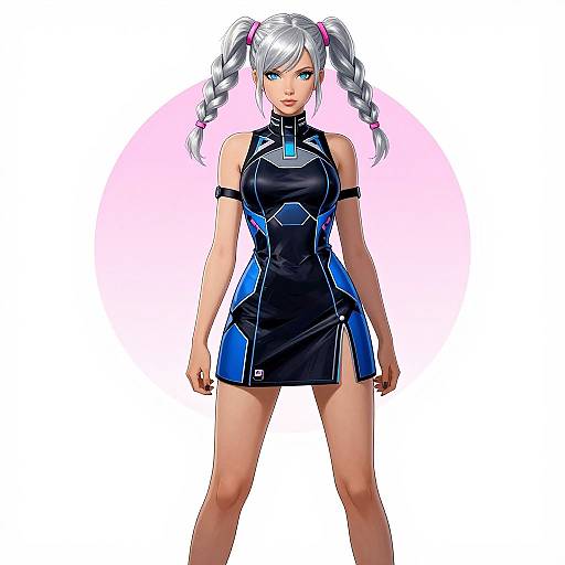 Digital anime-style drawing of a white-haired, blue-eyed girl with twin braids, wearing a black and blue form-fitting dress, standing against a