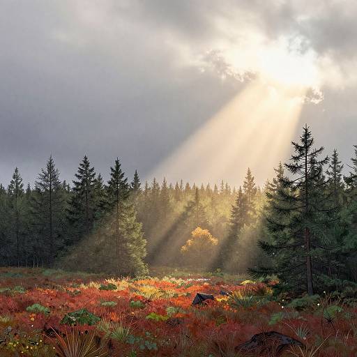 Sunlit forest meadow at sunrise, with sun rays piercing through clouds, illuminating red and green foliage, and tall pine trees in background. Phot
