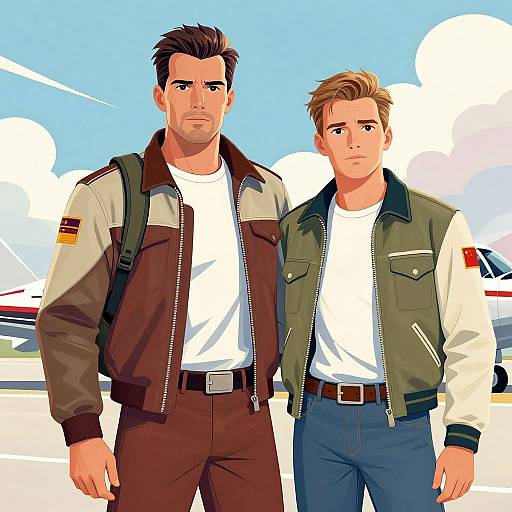 Digital art of two men standing side by side, wearing jackets and jeans, with a plane in the background. One has dark hair, the other blonde