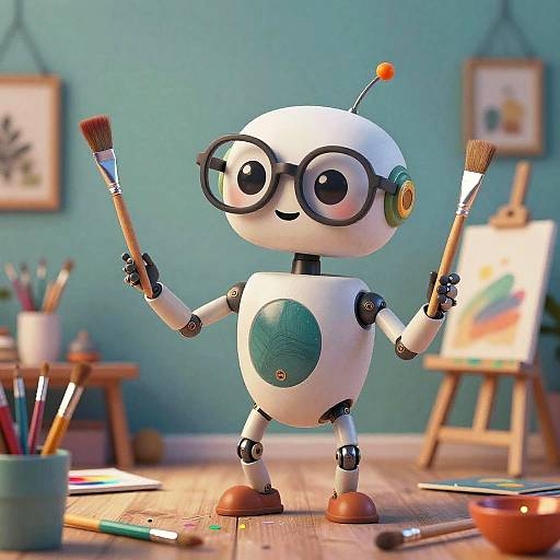 CGI image of a cute, white, round robot with black-rimmed glasses, holding two paintbrushes, standing in a colorful, artist