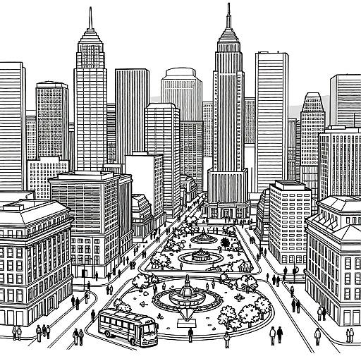 Black-and-white line drawing of a bustling cityscape with tall skyscrapers, busy streets, and small figures of pedestrians in the foreground.