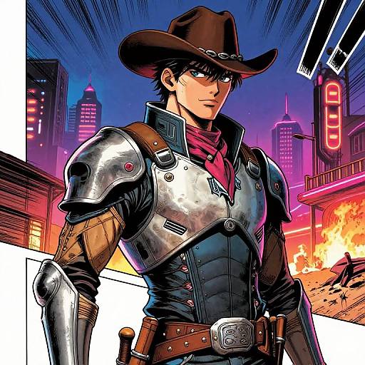 Digital anime-style drawing of a stern cowboy in silver armor, brown hat, red bandana, with neon city skyline and explosion background.