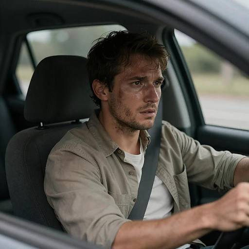 Worried Man in Dimly Lit Car