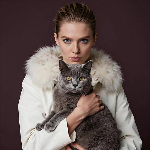 Woman Holding Gray Cat in White Fur Collar Coat