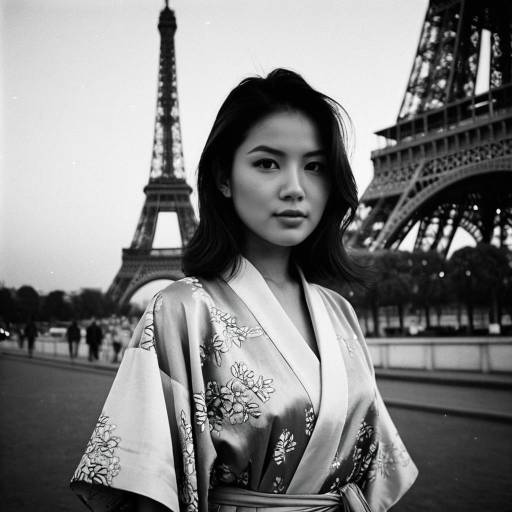 Young Thai Woman in Silk Kimono by Eiffel Tower