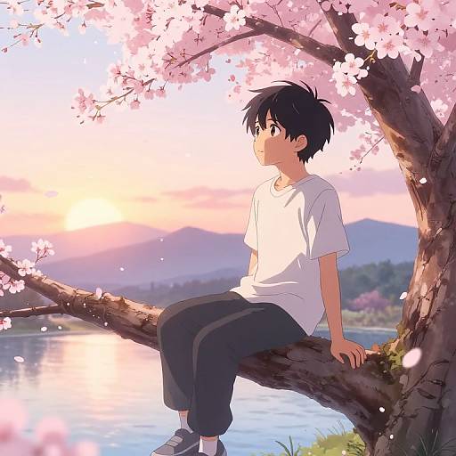 Serene Anime Boy on Cherry Blossom