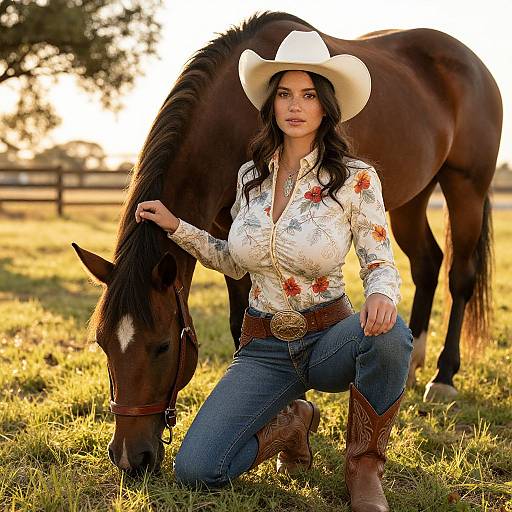 Photograph of a Latina woman with long black hair, wearing a white cowboy hat, floral shirt, blue jeans, and brown boots, kneeling beside a