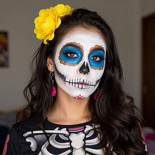 Photograph of a young woman with white face paint, blue eye circles, black skeleton design, yellow flower in hair, wearing a black top with white