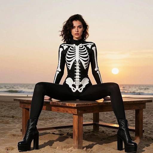 Woman in Skeletal Bodysuit at Sunset Beach
