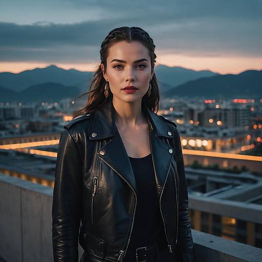 Fashion Portrait of Woman on Rooftop at Twilight