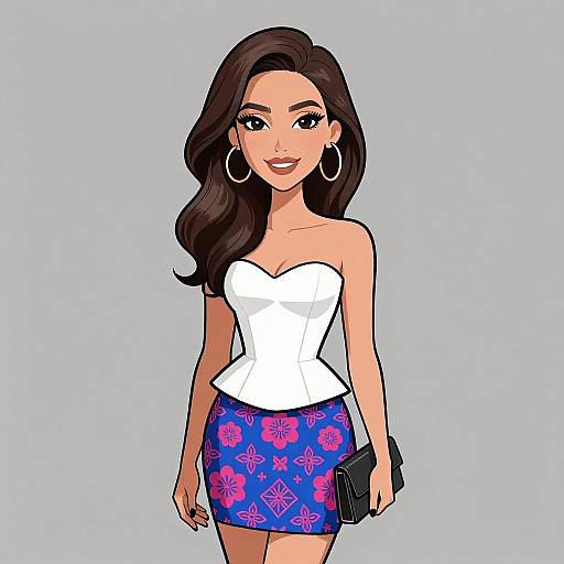 Digital illustration of a smiling woman with long brown hair, wearing a white strapless top, blue floral skirt, hoop earrings, and holding a black clutch