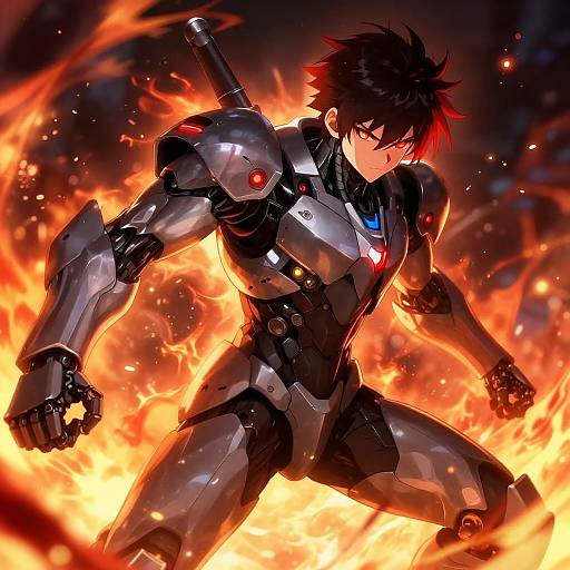 Anime-style digital artwork of a black-haired, red-eyed, muscular male in a futuristic, black and silver armored suit, surrounded by intense orange flames.