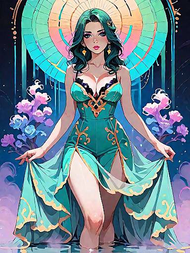 Dark Fantasy Woman in Emerald Green Satin Chemise