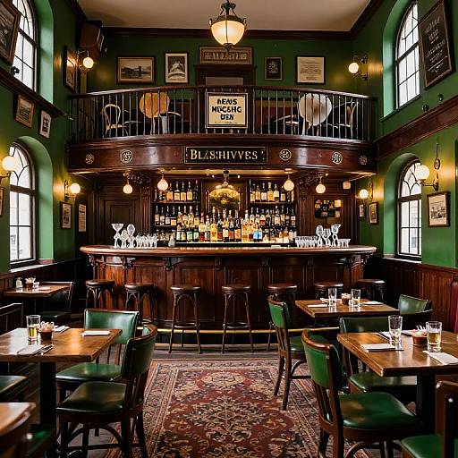 Vintage-style pub photograph with dark wood bar, green walls, patterned rug, wooden tables, green chairs, and warm overhead lighting.