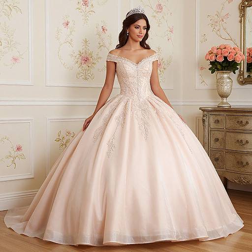 Photograph of a beautiful woman in an off-the-shoulder, ivory lace wedding gown with a full satin skirt, standing in an elegant room with