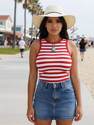 Photograph of a young woman with tan skin, black hair, wearing a white sunhat, red and white striped tank top, blue denim skirt,