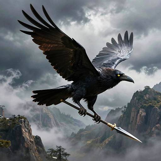 Digital artwork of a black raven with glowing yellow eyes, wings spread wide, perched on a spear, soaring above misty mountain peaks. Dark