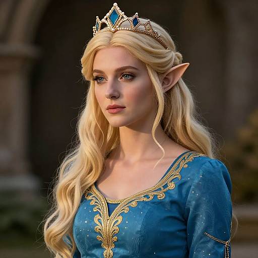 Blonde Elf Queen in Blue Outfit