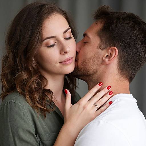 Photograph of a brunette woman with wavy hair, closed eyes, and red nails, kissing a dark-haired man with stubble, wearing a white
