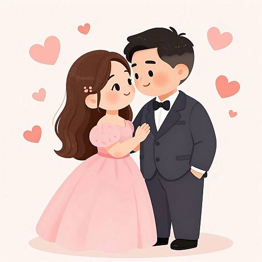 Digital drawing of a cute, chibi-style couple; she wears a pink dress, he in a black tuxedo, surrounded by pink hearts.