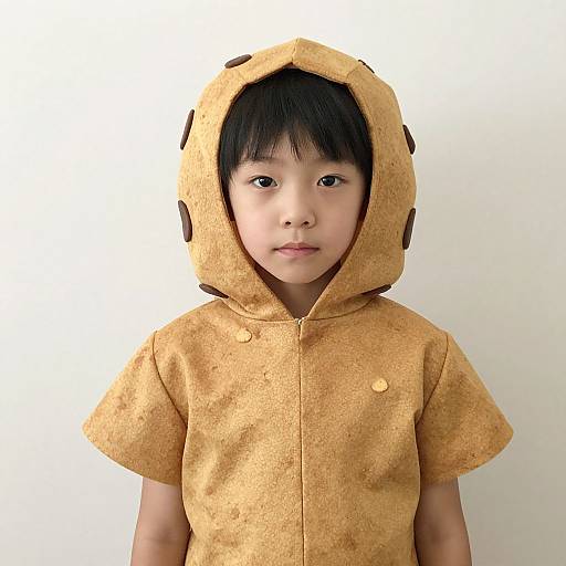 Photograph of an Asian boy with straight black hair, wearing a tan, short-sleeved, hooded dinosaur costume, standing against a plain white