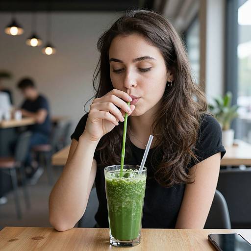 Photograph of a young woman with long brown hair, wearing a black t-shirt, sipping a green smoothie at a wooden table in a modern