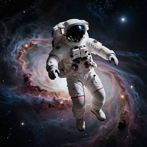 Digital artwork of an astronaut floating in space, surrounded by a colorful, swirling nebula with stars, wearing a white spacesuit and black helmet.