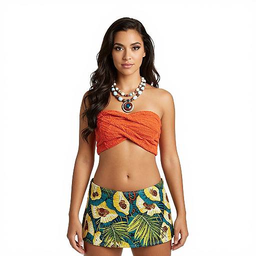 Photograph of a dark-haired woman with long wavy hair, wearing an orange strapless top, colorful sunflower skirt, and statement necklace, standing