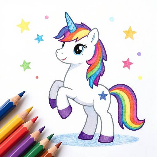 Colorful digital drawing of a cute, white unicorn with a rainbow mane and tail, blue horn, and purple hooves, surrounded by stars. Col
