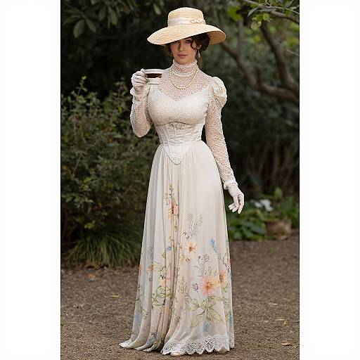 Photograph of a fair-skinned woman in a white, long-sleeve, lace and floral dress, holding a teacup, wearing a
