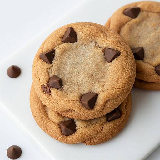 Photograph of three stacked chocolate chip cookies with dark chocolate chunks on a white surface, accompanied by a few stray chips.