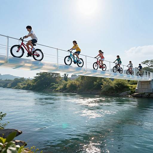 Photograph of six children riding bicycles across a bridge over a sparkling river, with clear blue sky and greenery in the background.