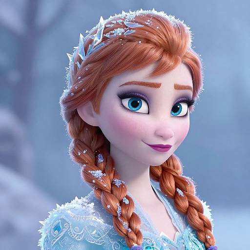 Digital CGI portrait of Elsa from Frozen, with braided red hair, snowflake crown, blue eyes, and ice-blue dress, smiling softly.
