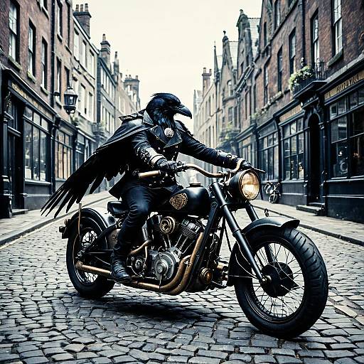 Steampunk Raven Riding Gothic Motorbike on Victorian Street