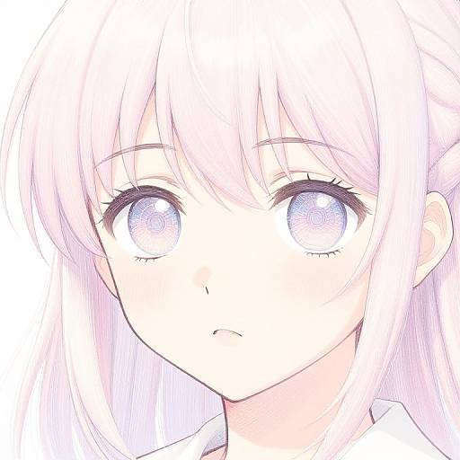 Digital anime-style drawing of a pale-skinned, white-haired girl with large, sparkling blue eyes and a neutral expression on a white background.