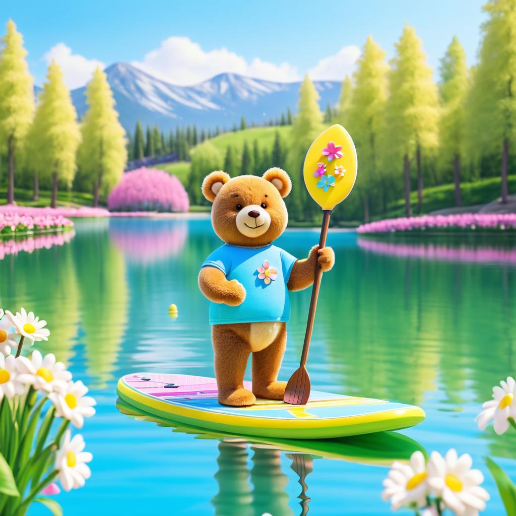 Cheerful Teddy Bear on Paddle Board Adventure