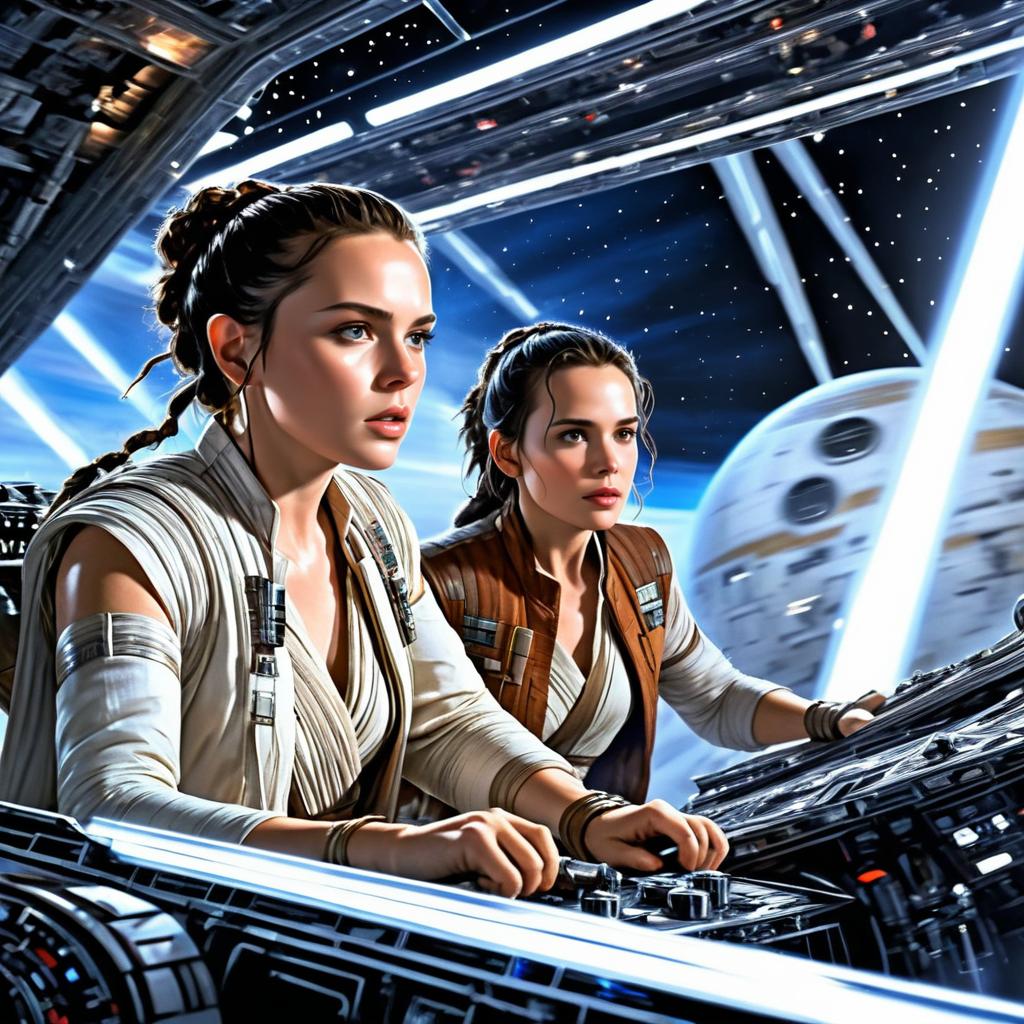 Rey in the Millennium Falcon's Cockpit